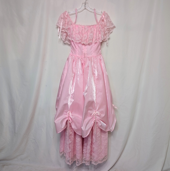 Vintage 70s Pink Iridescent Taffeta & Lace Off Shoulder Ball Gown Fairy Princess - Picture 13 of 14